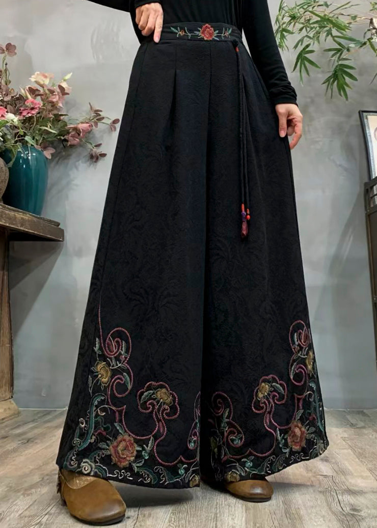 Style Black Embroidered Tasseled Warm Fleece Wide Leg Pants Winter