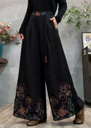 Style Black Embroidered Tasseled Warm Fleece Wide Leg Pants Winter