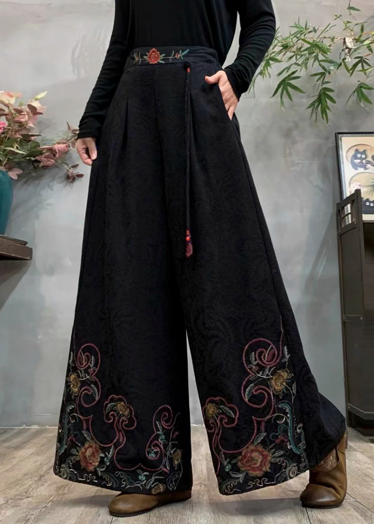 Style Black Embroidered Tasseled Warm Fleece Wide Leg Pants Winter