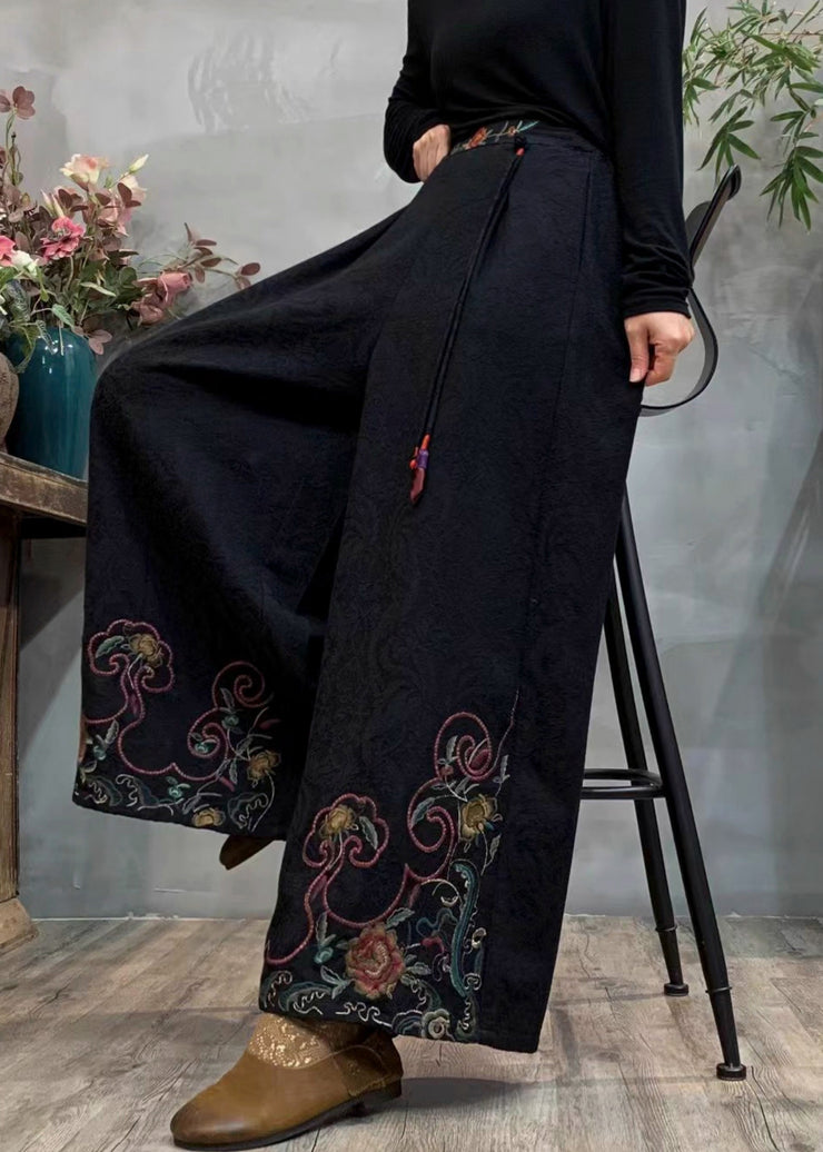 Style Black Embroidered Tasseled Warm Fleece Wide Leg Pants Winter