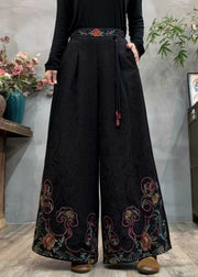 Style Black Embroidered Tasseled Warm Fleece Wide Leg Pants Winter