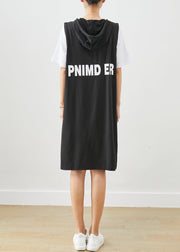 Style Black Hooded Patchwork Pockets Cotton Sweatshirt Dress Summer