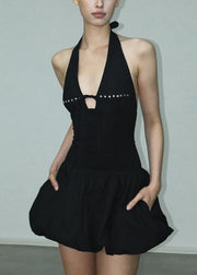 Style Black Lace Up Rivet Pockets Cotton Mini Dress Sleeveless