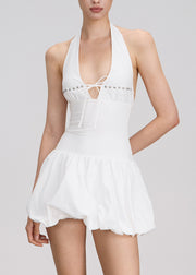 Style Black Lace Up Rivet Pockets Cotton Mini Dress Sleeveless