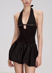 Style Black Lace Up Rivet Pockets Cotton Mini Dress Sleeveless