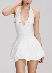 Style Black Lace Up Rivet Pockets Cotton Mini Dress Sleeveless