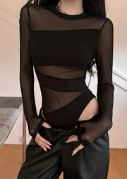 Style Black O-Neck Patchwork Mesh Bodysuit