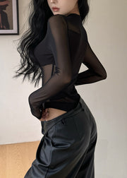 Style Black O-Neck Patchwork Mesh Bodysuit