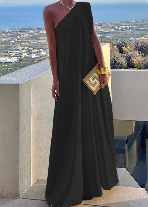 Style Black One Shoulder Cotton Long Party Dresses Summer