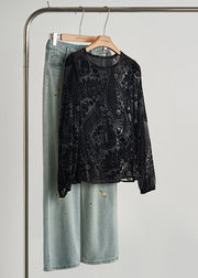 Style Black Oversized Jacquard Silk Velour Blouses Fall