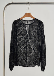 Style Black Oversized Jacquard Silk Velour Blouses Fall
