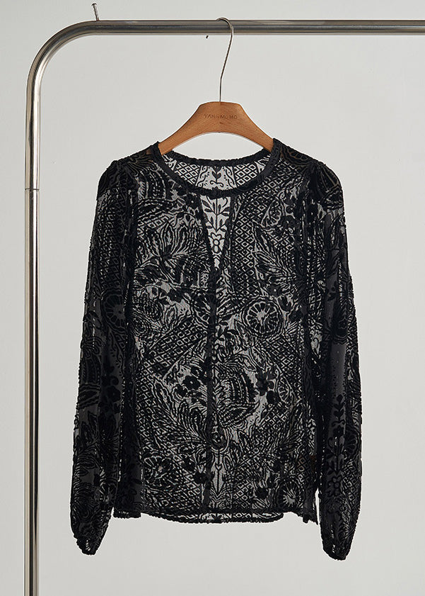 Style Black Oversized Jacquard Silk Velour Blouses Fall