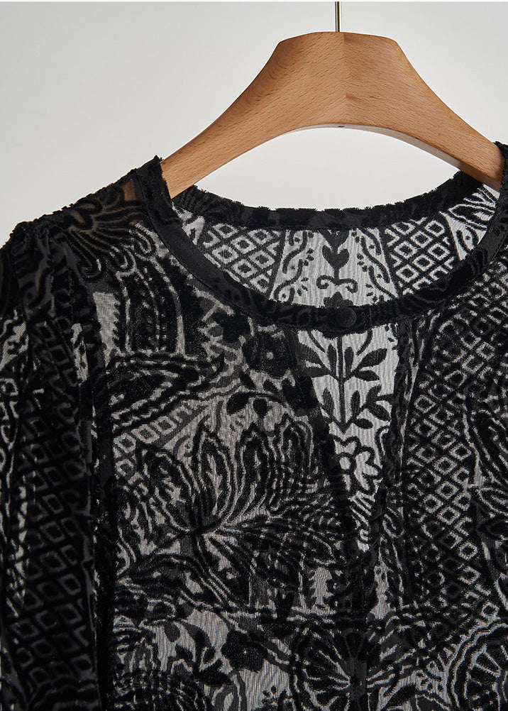 Style Black Oversized Jacquard Silk Velour Blouses Fall