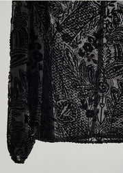 Style Black Oversized Jacquard Silk Velour Blouses Fall