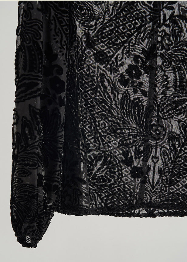 Style Black Oversized Jacquard Silk Velour Blouses Fall