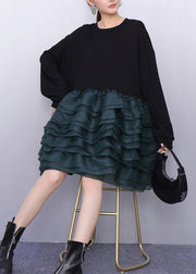 Style Black Oversized Patchwork Cotton Mid Dress Spring