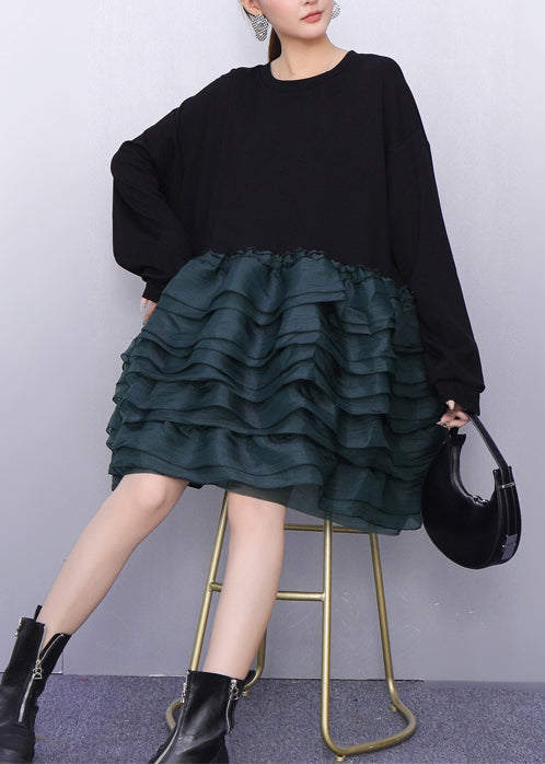 Style Black Oversized Patchwork Cotton Mid Dress Spring