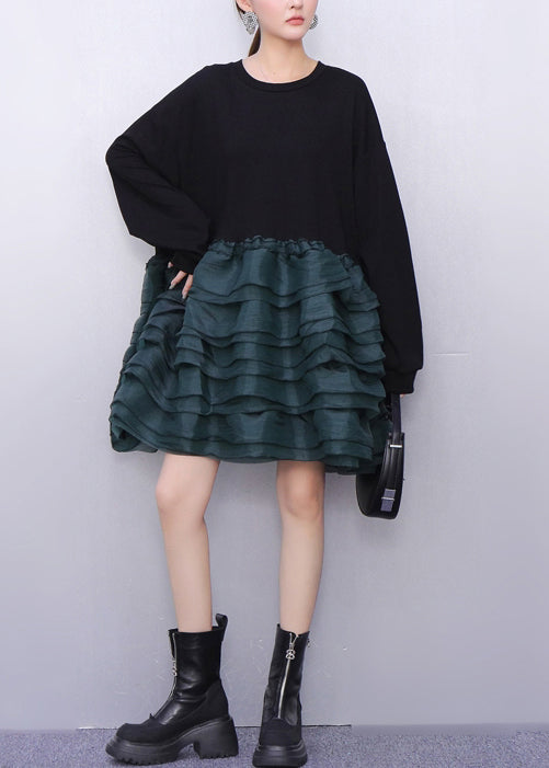 Style Black Oversized Patchwork Cotton Mid Dress Spring