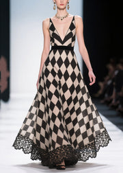 Style Black Plaid Patchwork Lace Chiffon Evening Dress Summer