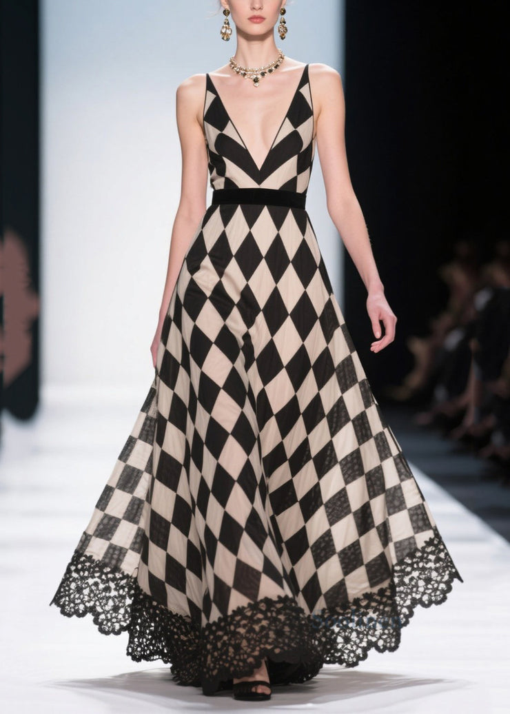 Style Black Plaid Patchwork Lace Chiffon Evening Dress Summer