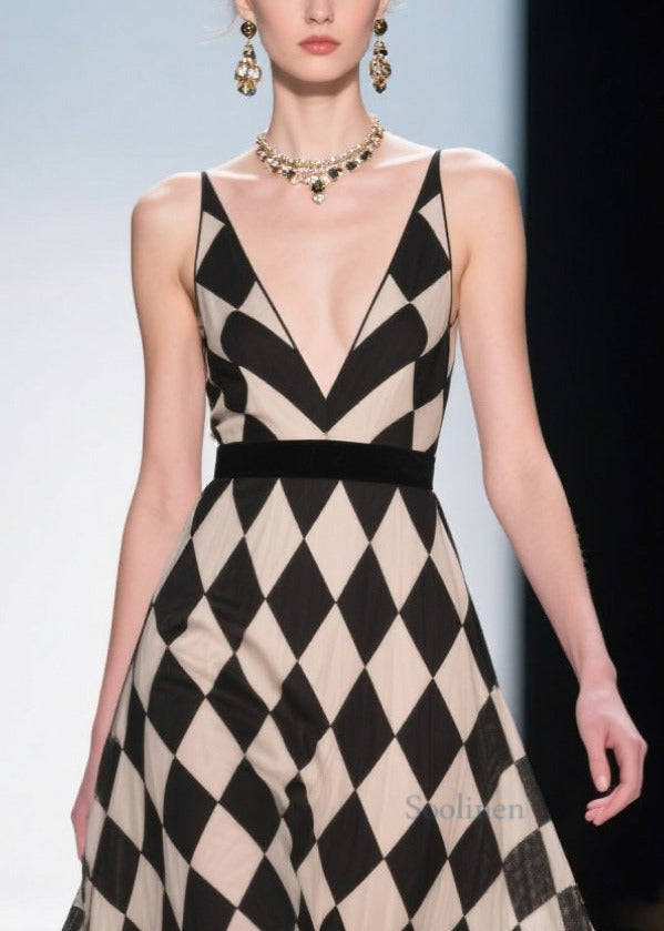 Style Black Plaid Patchwork Lace Chiffon Evening Dress Summer