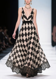 Style Black Plaid Patchwork Lace Chiffon Evening Dress Summer