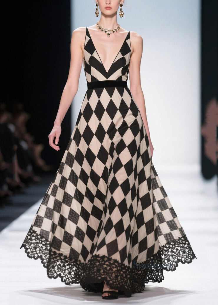 Style Black Plaid Patchwork Lace Chiffon Evening Dress Summer