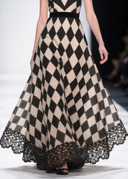 Style Black Plaid Patchwork Lace Chiffon Evening Dress Summer