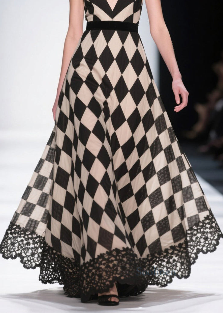 Style Black Plaid Patchwork Lace Chiffon Evening Dress Summer