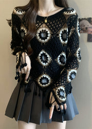 Style Black Print Tassel Knit Top Flare Sleeve