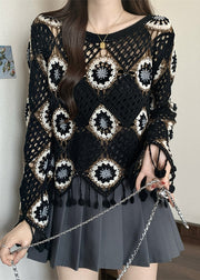 Style Black Print Tassel Knit Top Flare Sleeve