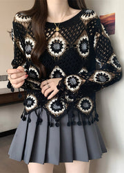 Style Black Print Tassel Knit Top Flare Sleeve