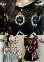 Style Black Print Tassel Knit Top Flare Sleeve