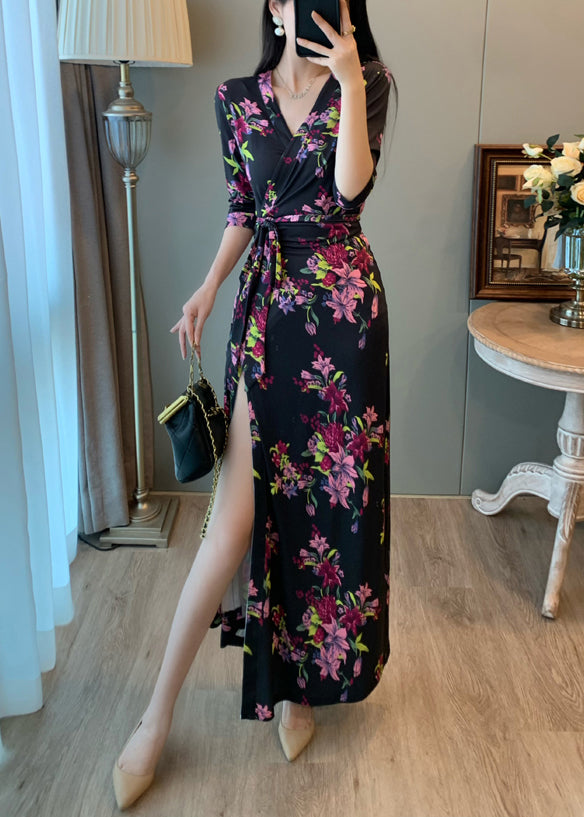 Style Black Print Tie Waist Holiday Dresses Summer