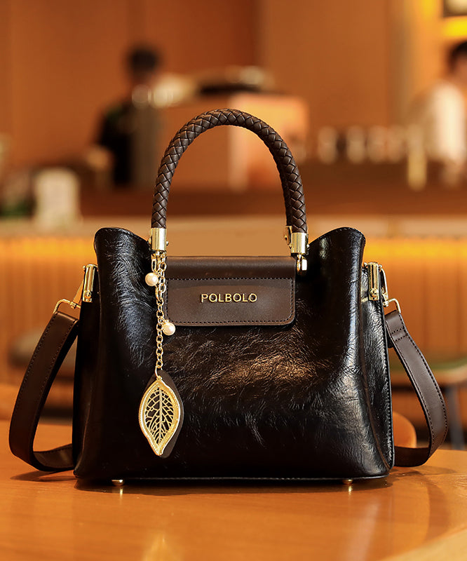 Style Black Solid Durable Calf Leather Tote Handbag