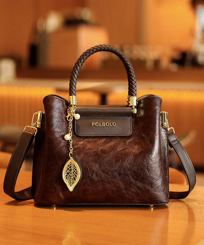 Style Black Solid Durable Calf Leather Tote Handbag