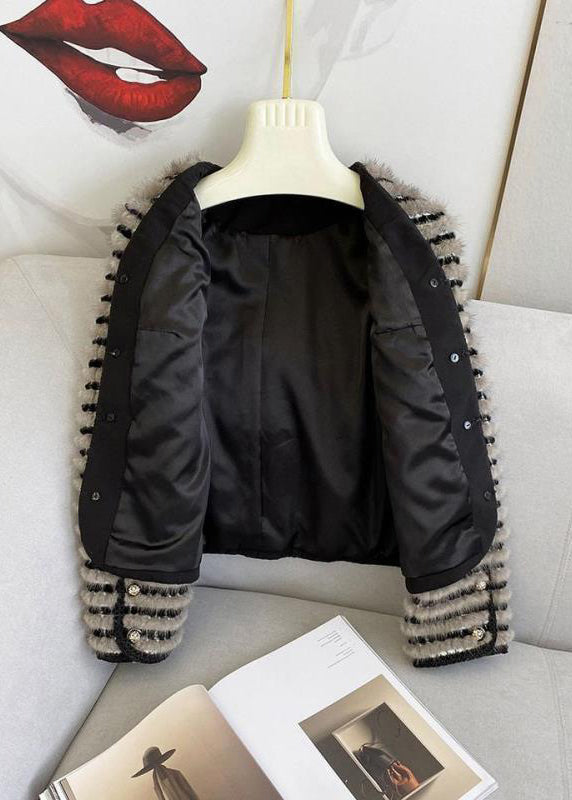 Style Black Striped Double Breast Mink Velvet Jacket Spring
