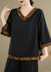 Style Black V Neck Patchwork Silk Shirts Summer