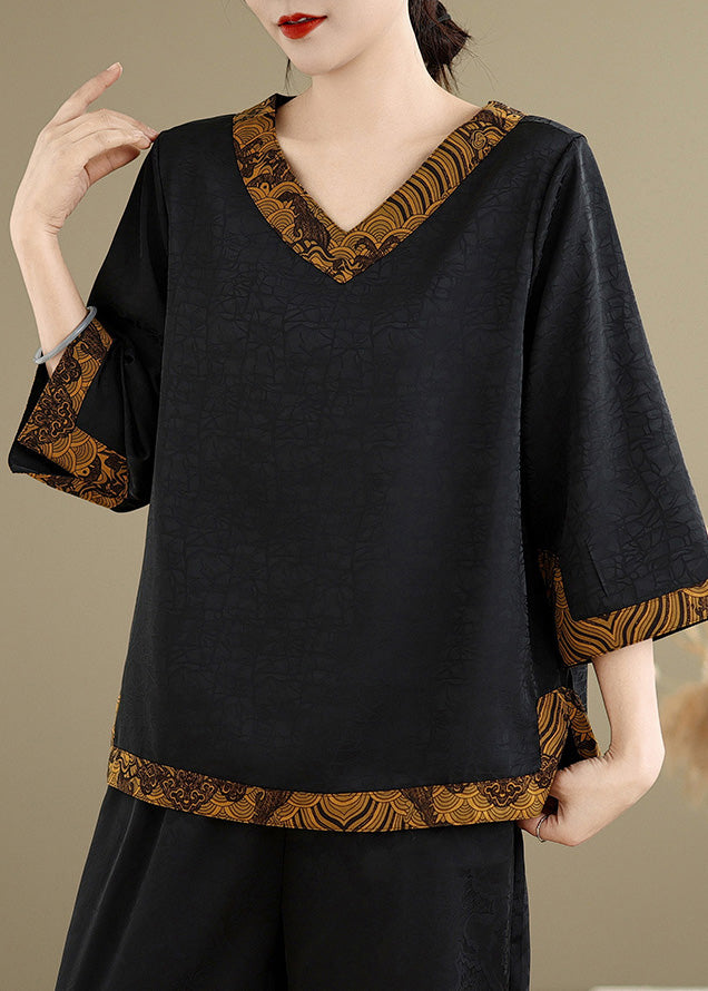 Style Black V Neck Patchwork Silk Shirts Summer