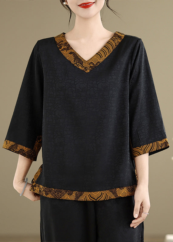 Style Black V Neck Patchwork Silk Shirts Summer