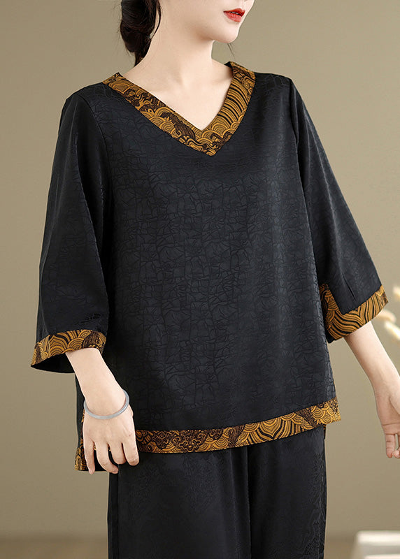 Style Black V Neck Patchwork Silk Shirts Summer