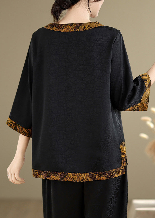 Style Black V Neck Patchwork Silk Shirts Summer