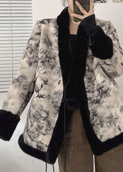 Style Black V Neck Tie Waist Patchwork Leather And Fur Coats Winter