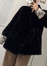 Style Black V Neck Tie Waist Patchwork Leather And Fur Coats Winter