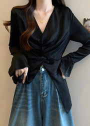 Style Black V Neck Wrinkled Silk Shirts Flare Sleeve
