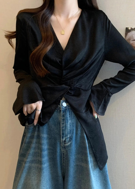 Style Black V Neck Wrinkled Silk Shirts Flare Sleeve