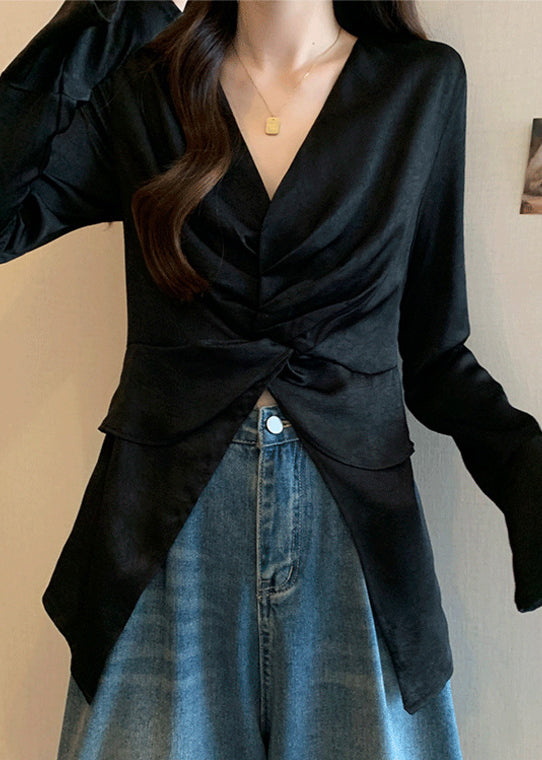 Style Black V Neck Wrinkled Silk Shirts Flare Sleeve