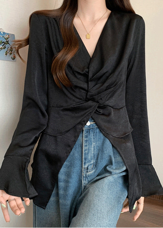 Style Black V Neck Wrinkled Silk Shirts Flare Sleeve