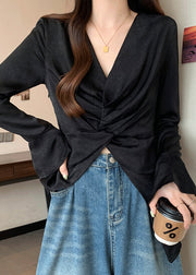 Style Black V Neck Wrinkled Silk Shirts Flare Sleeve
