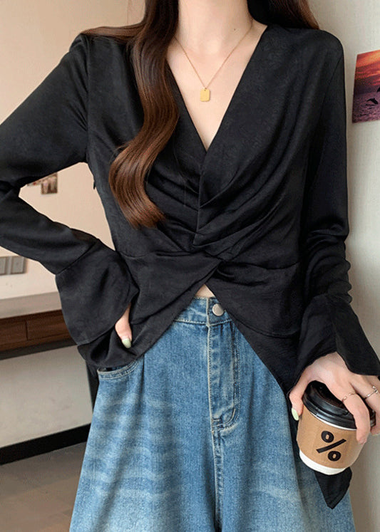 Style Black V Neck Wrinkled Silk Shirts Flare Sleeve